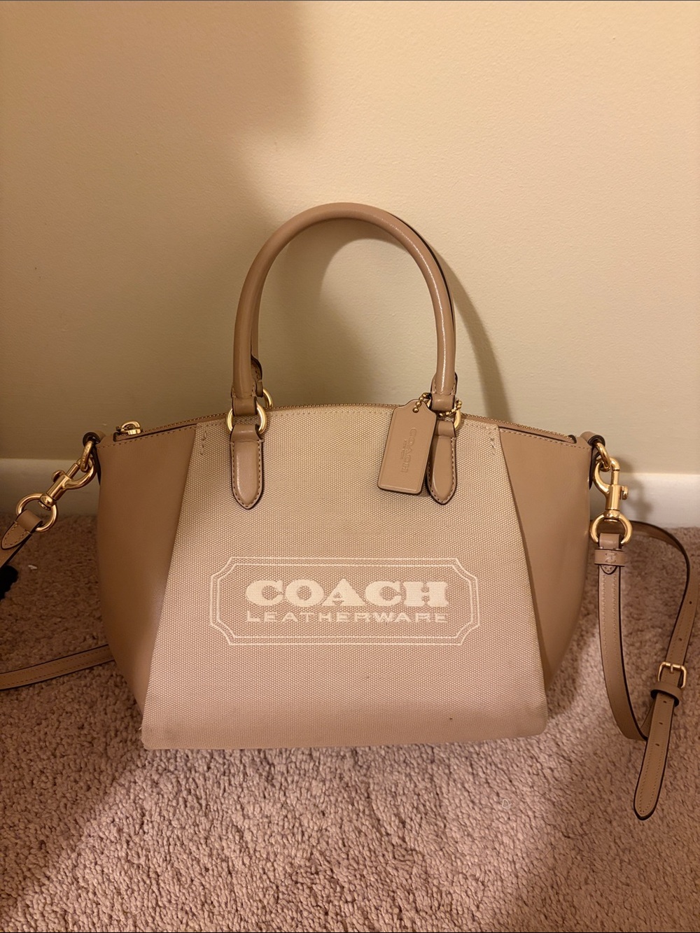 Coach Neutral Two-Tone Canvas & Leather Satchel